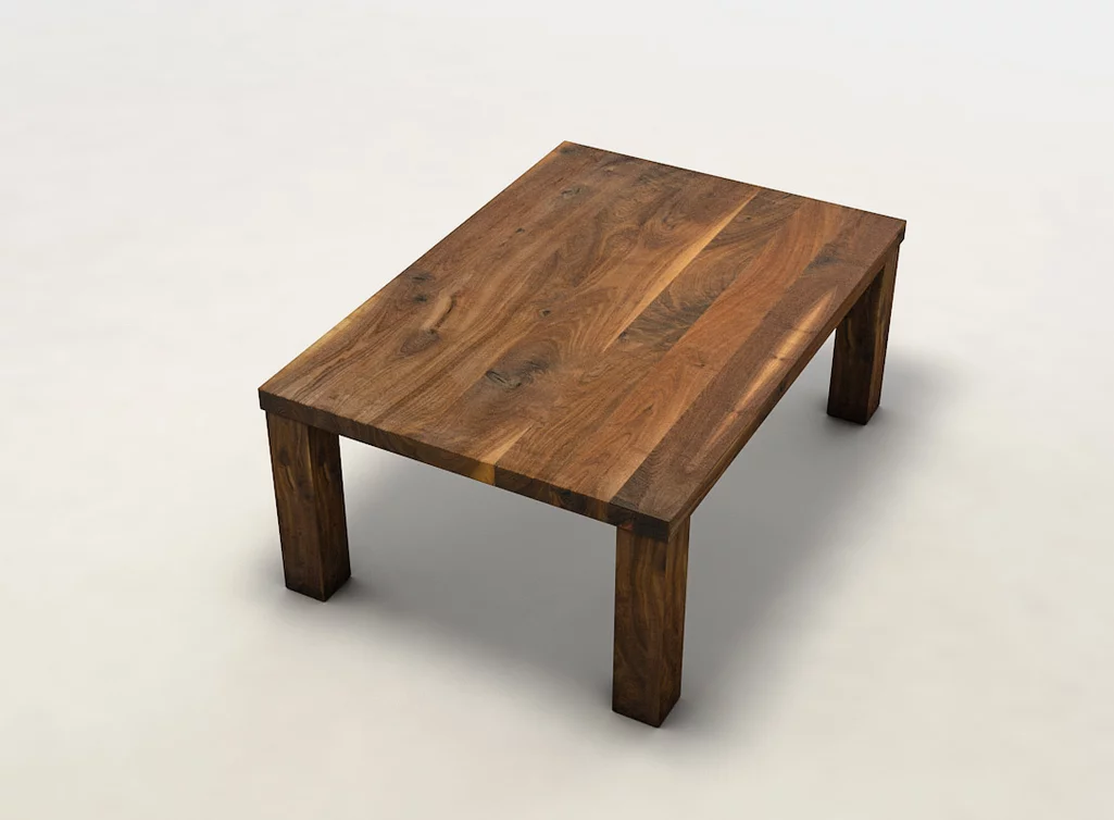 Wohnzimmer-Holztisch mit Couchtischplatte aus charaktervollem Astholz gefertigt