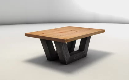 Couchtisch aus Massivholz und Metall - Buche Tischplatte montiert auf Stahlkufen Couchtisch aus Massivholz und Metall - Buche Tischplatte montiert auf Stahlkufen
