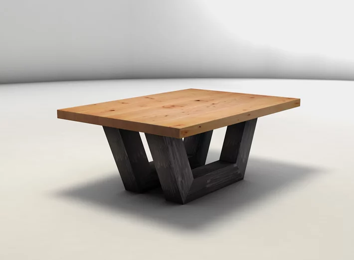 Couchtisch aus Massivholz und Metall - Buche Tischplatte montiert auf Stahlkufen