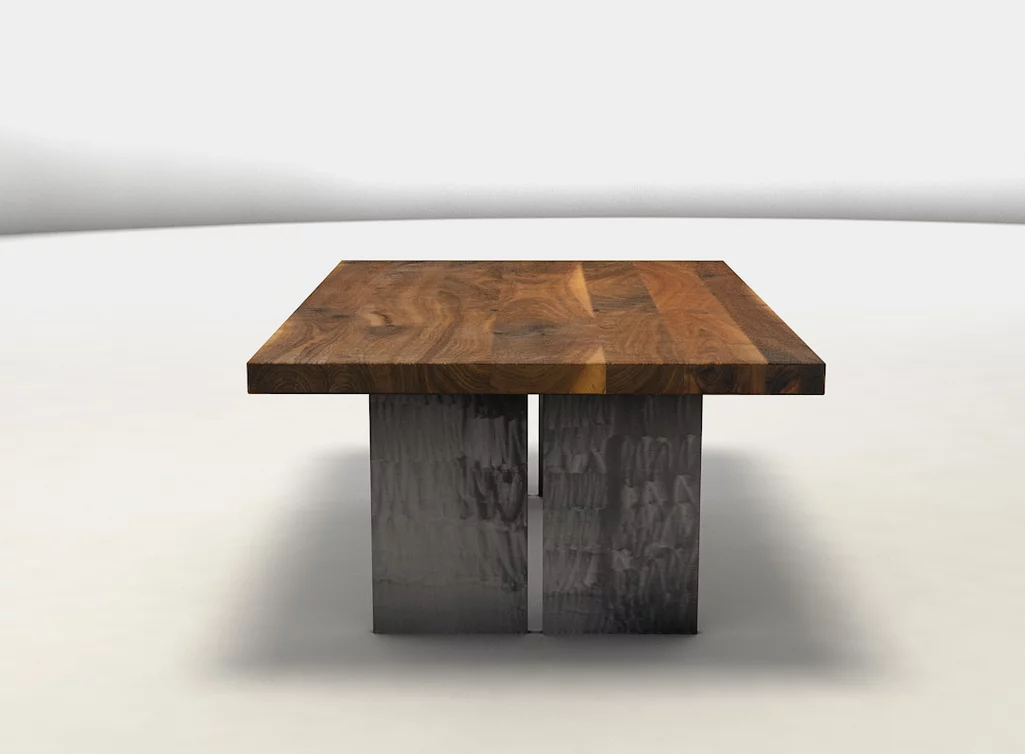 Massiver Nussbaum Wohnzimmertisch aus Holz und Metall