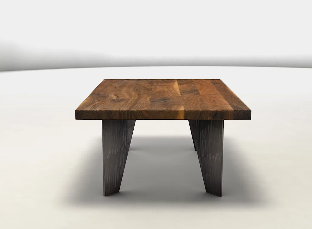 Massiver Wohnzimmertisch aus Nussbaum und Stahl gefertigt