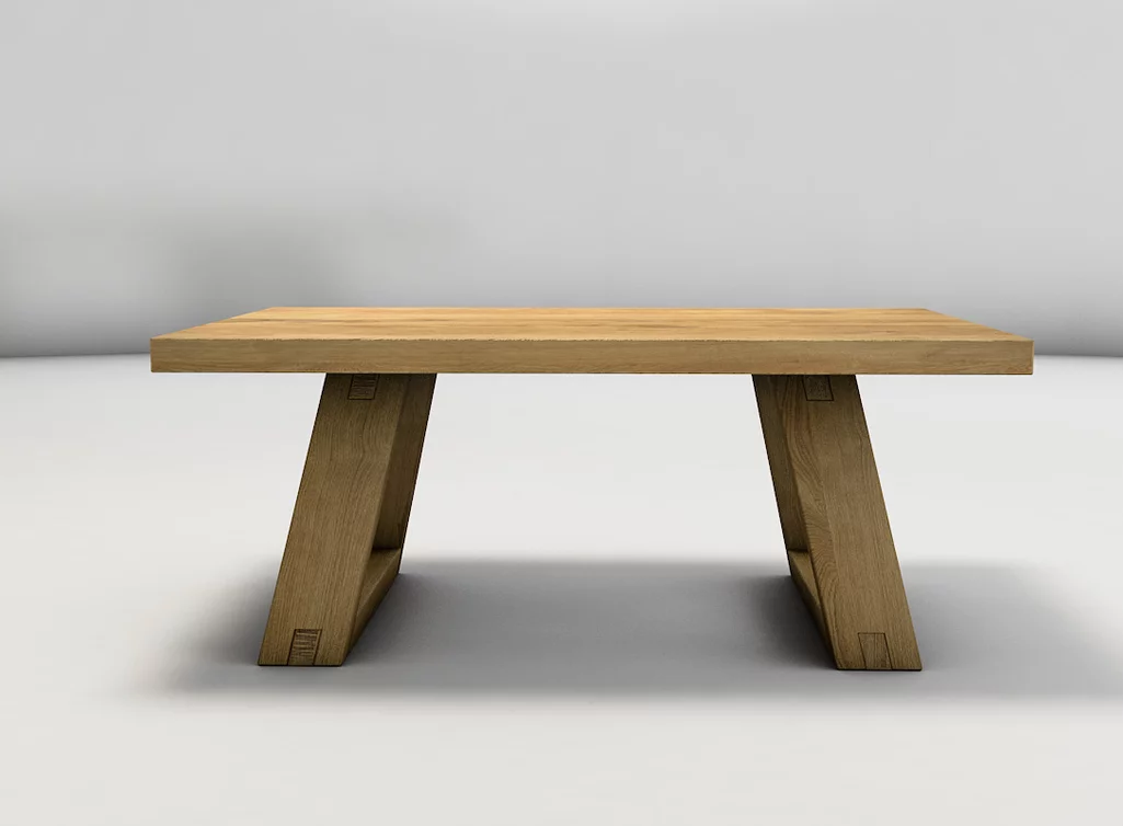 Couchtisch aus Echtholz Eiche und Holz-Tischkufen mit Schlitz- und Zapfenverbindung Couchtisch aus Echtholz Eiche und Holz-Tischkufen mit Schlitz- und Zapfenverbindung