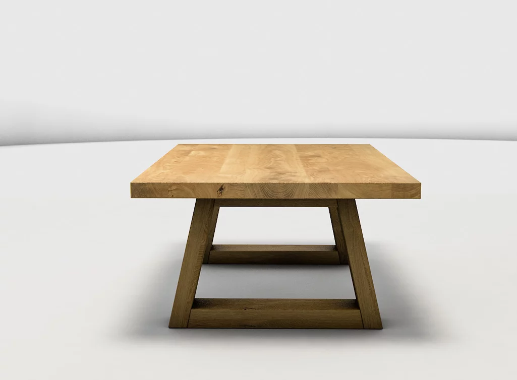 Eichenholz Couchtisch auf Maß mit rautenförmigen Holzkufen Eichenholz Couchtisch auf Maß mit rautenförmigen Holzkufen