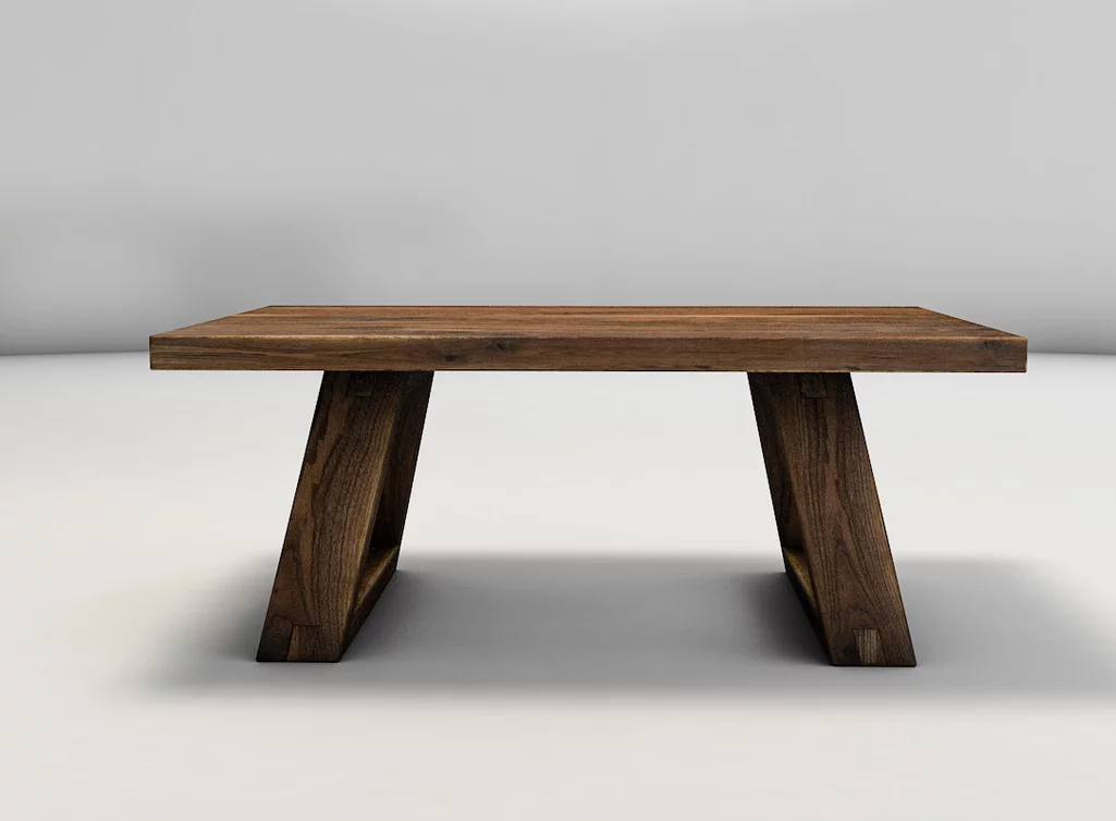 Massiver Wohnzimmertisch aus Nussbaum und Holzkufen mit Schlitz- und Zapfenverbindung Massiver Wohnzimmertisch aus Nussbaum und Holzkufen mit Schlitz- und Zapfenverbindung
