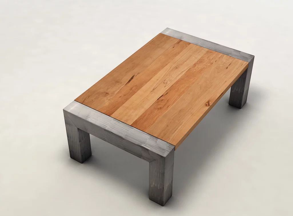 Aparter Wohnzimmertisch aus Kernbuche und Stahl mit einer Tischplatte mit Astanteil