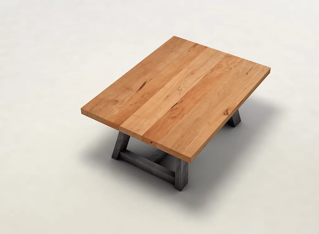 Couchtisch mit Kufen aus Stahl und Echtholzplatte aus Kernbuche mit Astanteil Couchtisch mit Kufen aus Stahl und Echtholzplatte aus Kernbuche mit Astanteil