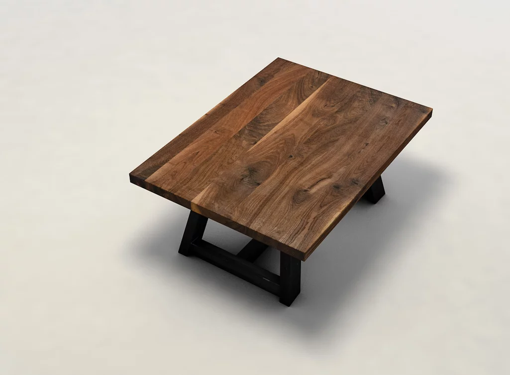 Astreicher Nussbaum Couchtisch aus Echtholz mit modern designten Stahlkufen Astreicher Nussbaum Couchtisch aus Echtholz mit modern designten Stahlkufen