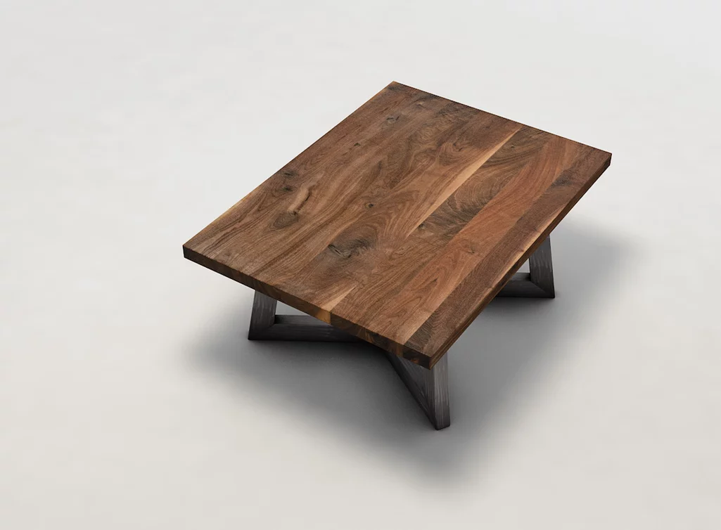 Nussbaum Couchtisch mit Kufen und einer Tischplatte aus charaktervollem Astholz