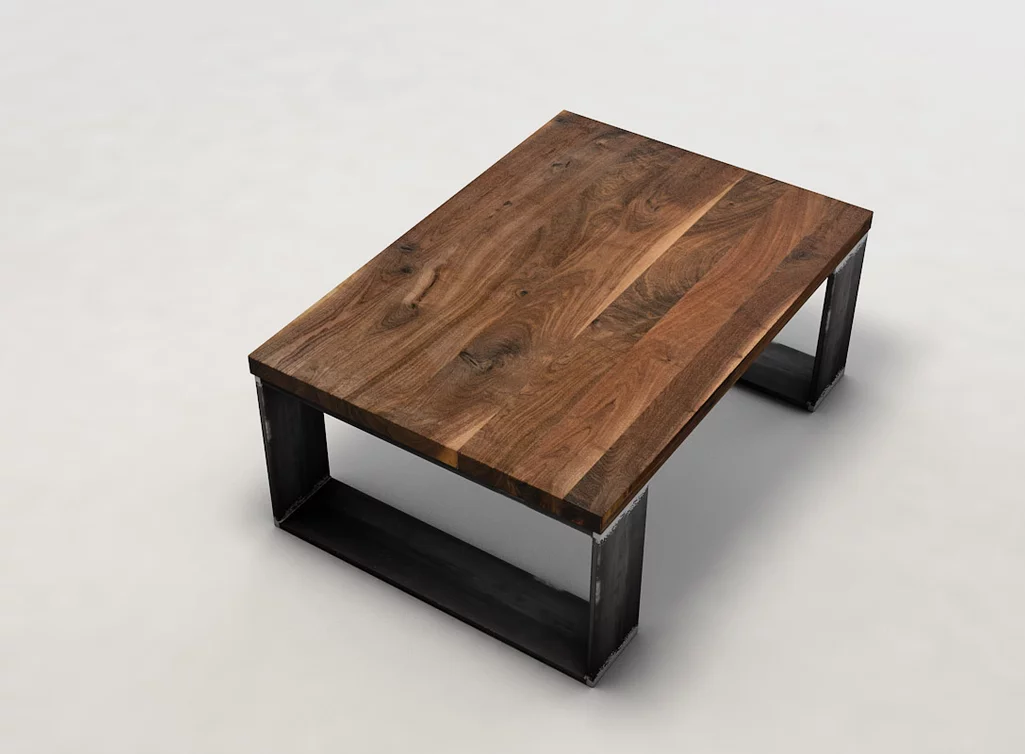 Wohnzimmertisch mit Metallgestell und Nussbaum Tischplatte mit Ast- und Splintanteil