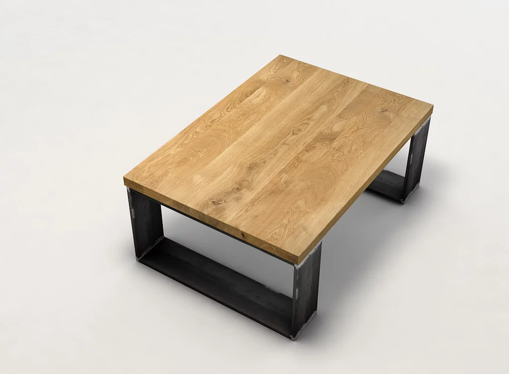 Wohnzimmertisch aus Eichenholz mit ast- und splintreicher Tischplatte gefertigt