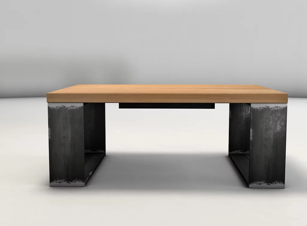 Couchtisch aus Stahl und Buchenholz mit selbsttragendem demontierbaren Metallgestell Couchtisch aus Stahl und Buchenholz mit selbsttragendem demontierbaren Metallgestell