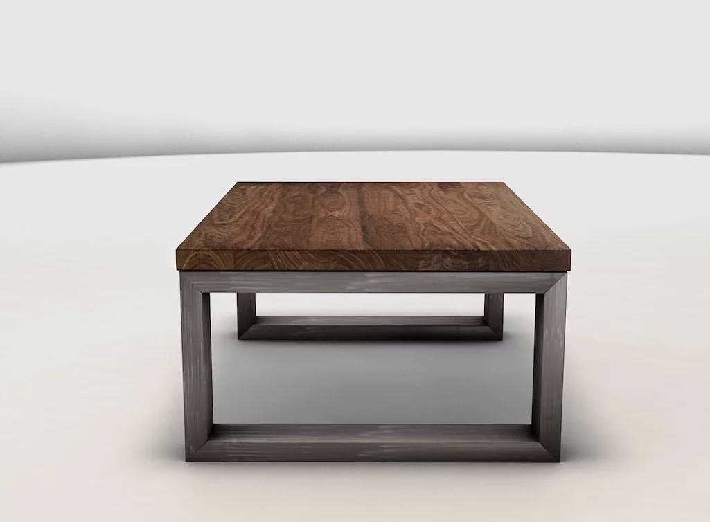 Couchtisch aus Nussholz mit einem Stahlgestell auf Gehrung verschweißt