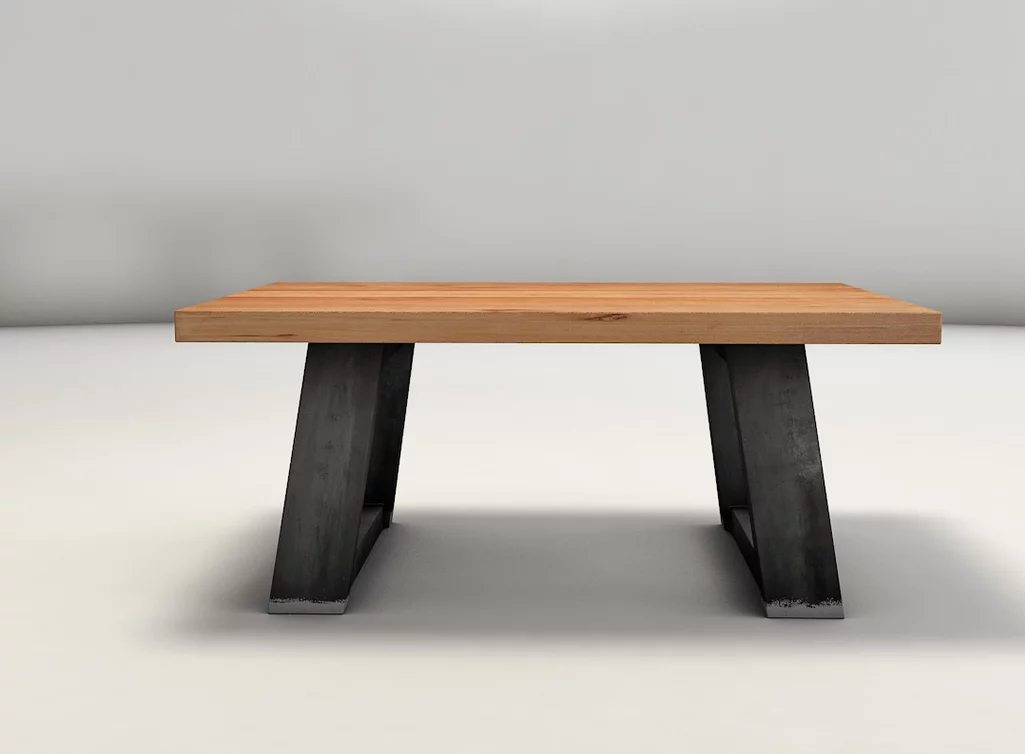 Couchtisch aus Kernbuche massiv geölt und mit Stahlkufen kombiniert