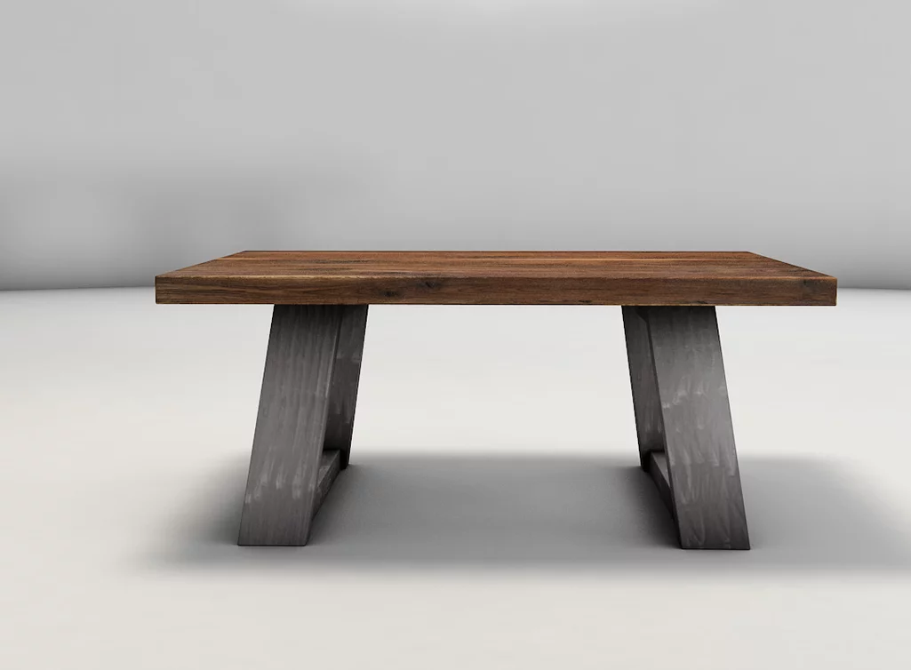 Massivholz Couchtisch nach Maß aus Nussbaum und Stahlkufen schräg gefertigt Massivholz Couchtisch nach Maß aus Nussbaum und Stahlkufen schräg gefertigt