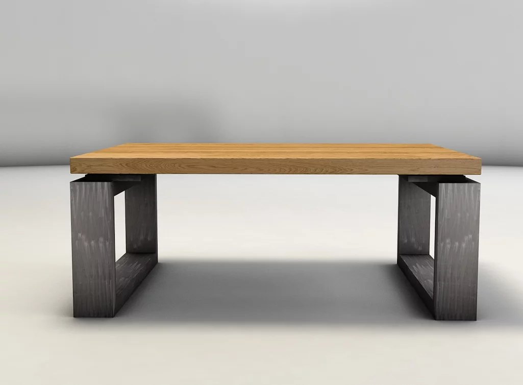 Schattenfugen Wohnzimmertisch aus Massivholz Eiche und Metallkufen