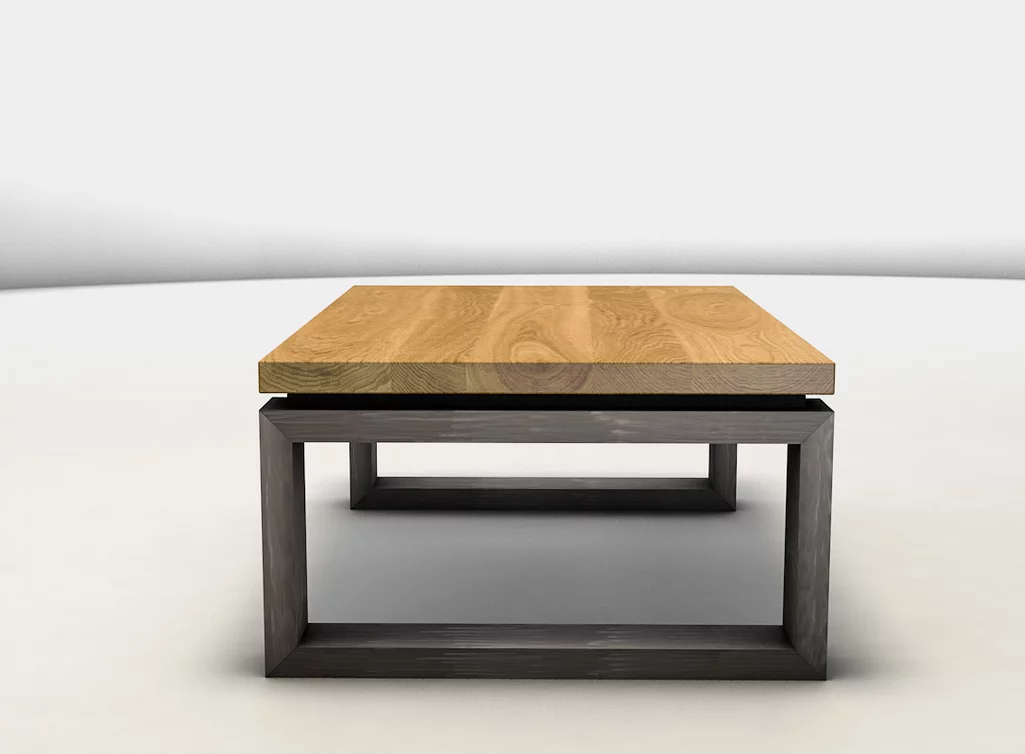 Schattenfugen Couchtisch auf Maß mit Stahlkufen aus Vierkantrohr-Stahl