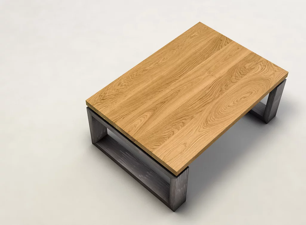 Weitgehend astfreier Wohnzimmertisch aus Eiche Massivholz mit Schattenfugengestell