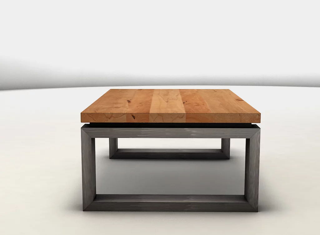 Couchtisch auf Maß aus massiver Kernbuche mit einem Schattenfugen Stahlkufengestell