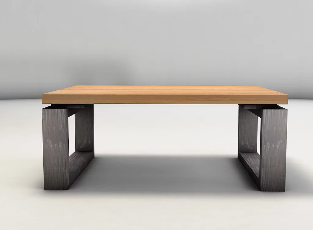 Couchtisch modern aus Holz der Buche und Stahlkufen mit Schattenfuge Couchtisch modern aus Holz der Buche und Stahlkufen mit Schattenfuge