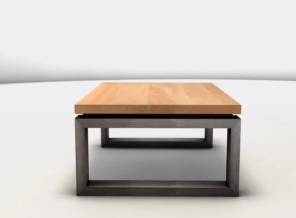 Couchtisch aus Holz der Buche mit Schattenfugen-Gestell aus Metall Couchtisch aus Holz der Buche mit Schattenfugen-Gestell aus Metall
