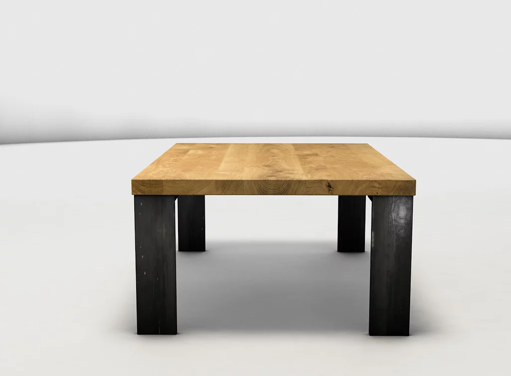 Wohnzimmertisch aus Eiche massiv mit vier Stahlbeinen als Untergestell Wohnzimmertisch aus Eiche massiv mit vier Stahlbeinen als Untergestell