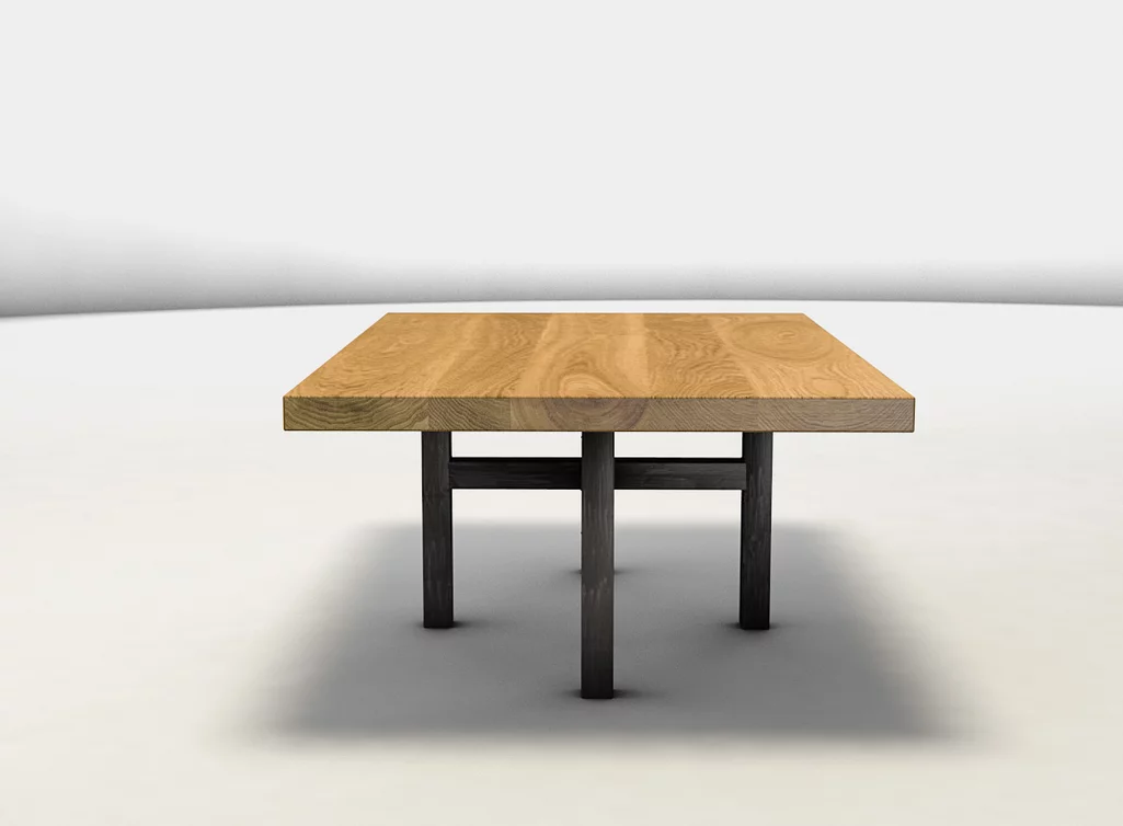 Wohnzimmertisch aus Massivholz Eiche und einem Mittelfuß Vierkantrohr Stahl-Gestell