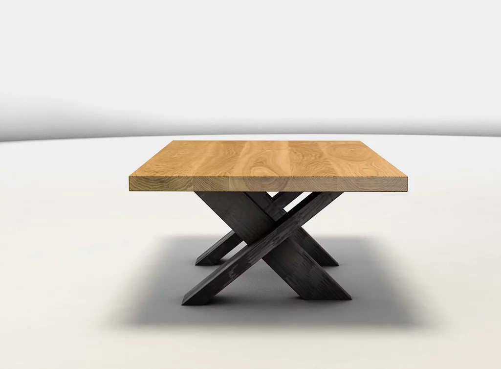 Eichenholz Couchtisch nach Maß mit einem X förmigen Stahlgestell
