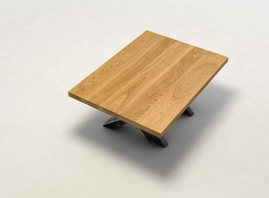 MAC101-C Eiche Couchtisch mit X-Gestell aus Metall und weitgehend astfreiem Echtholz