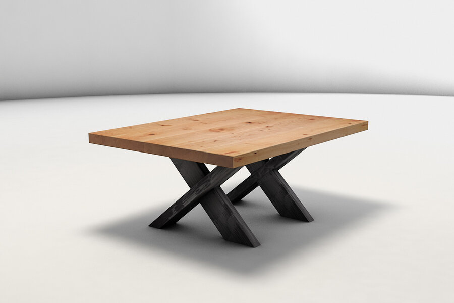 Buchenholz Couch-Tisch mit Kreuzgestell aus Stahl MAC101-C : Holzpiloten