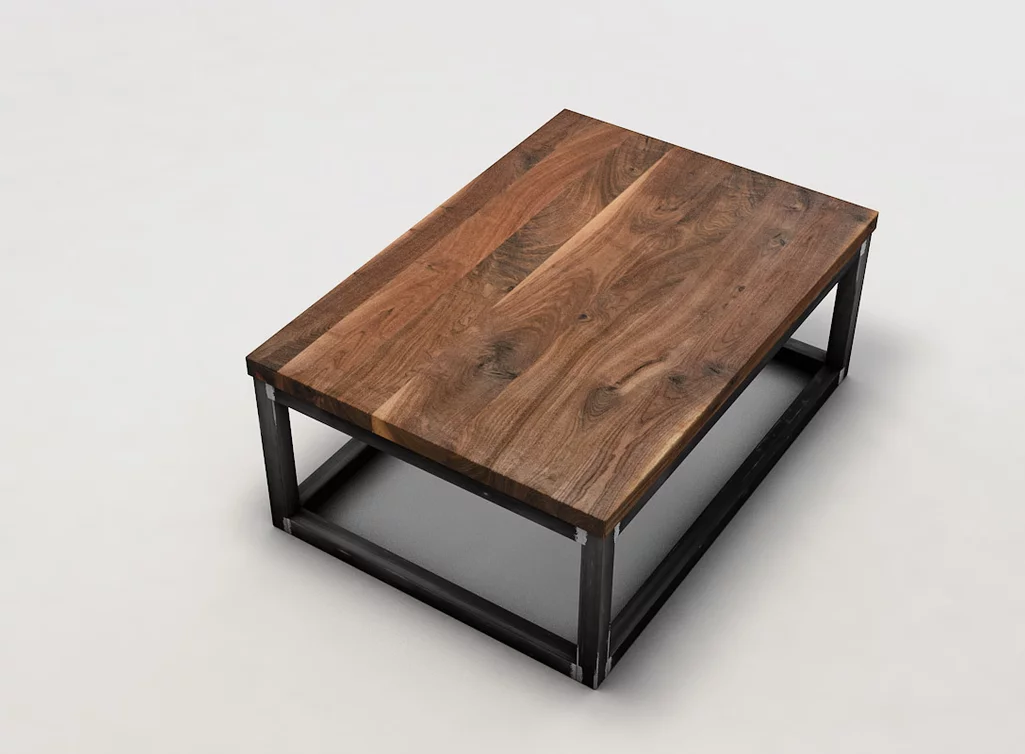 Wohnzimmertisch aus Nussbaum mit einer ast- und splintreichen Tischplatte gefertigt