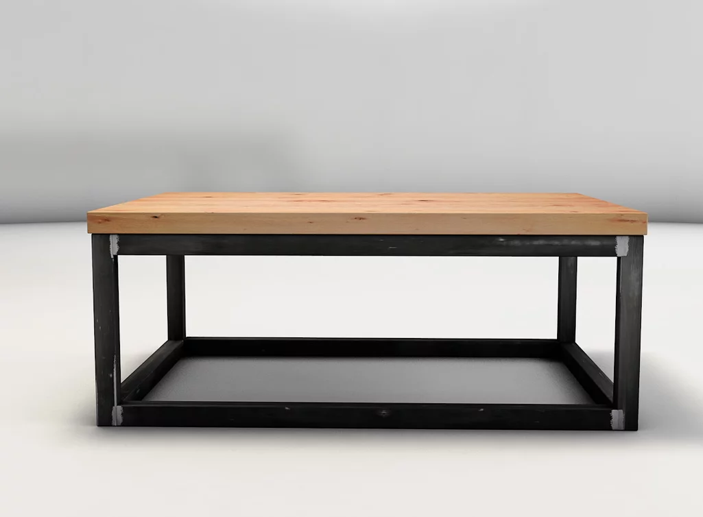 Echtholz Couchtisch in Buche massiv mit einem Rahmengestell aus Stahl