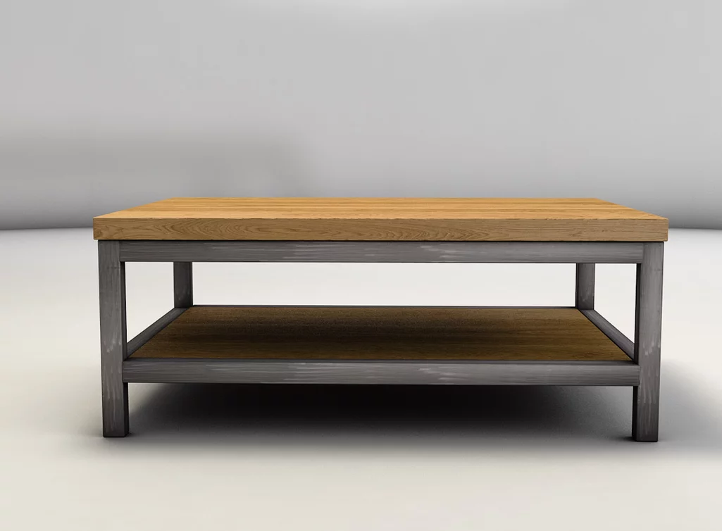 Echtholz Couchtisch aus Eiche und Metall Gestell aus Vierkantrohr verschweißt