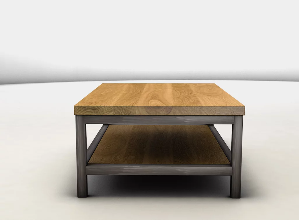 Eichenholz Wohnzimmertisch mit Gestell aus Stahl und zusätzlichem Ablagefach