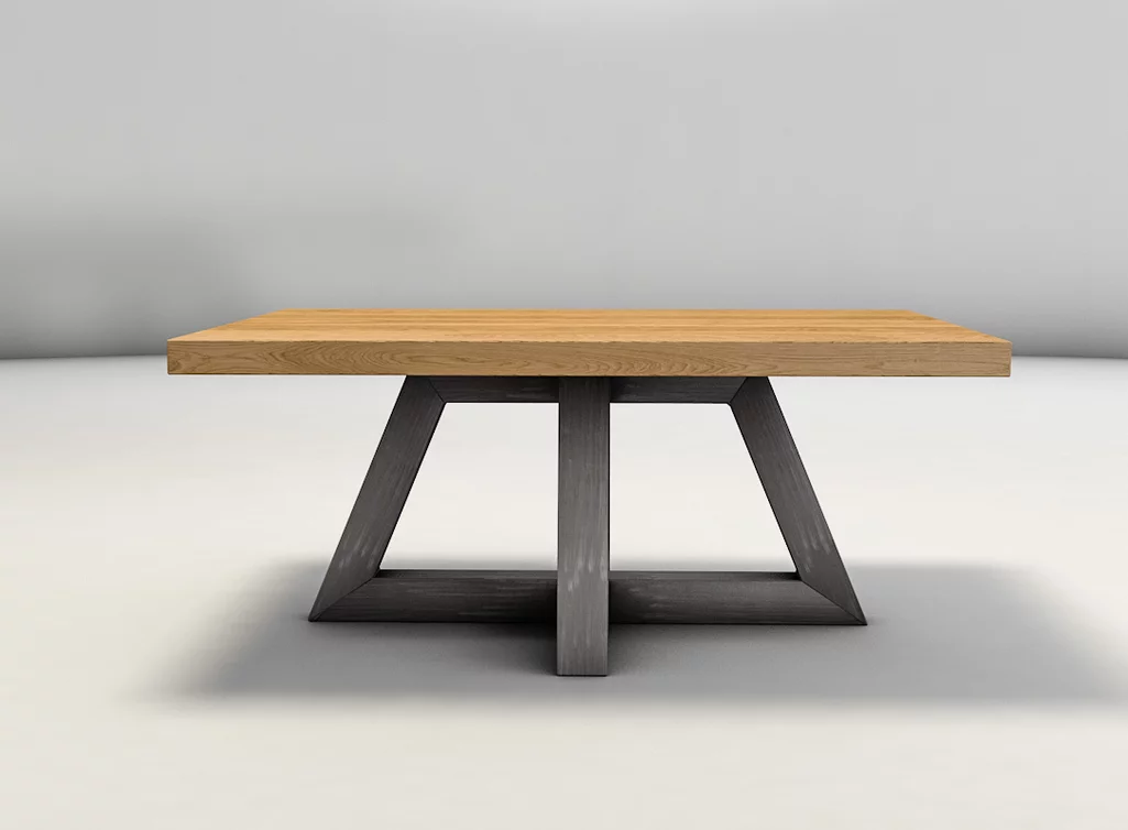 Moderner Couchtisch aus Eiche und einem Mittelfuß-Untergestell aus Vierkantrohr Stahl