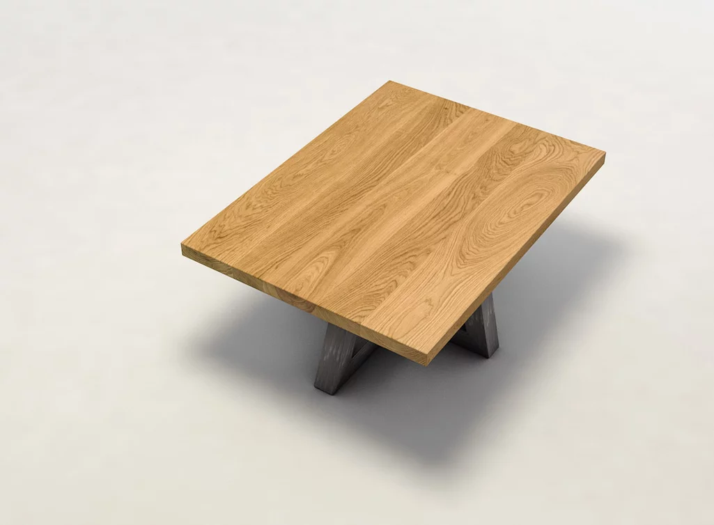 Sofatisch aus Eiche und Stahl mit Massivholzplatte in weitgehend astfreier Qualität