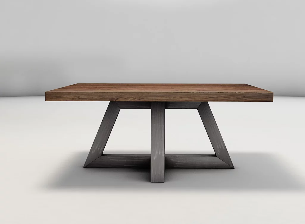 Echtholz Wohnzimmer Tisch aus Nussbaum mit Mittelfuß-Gestell aus Vierkantrohr-Stahl Echtholz Wohnzimmer Tisch aus Nussbaum mit Mittelfuß-Gestell aus Vierkantrohr-Stahl