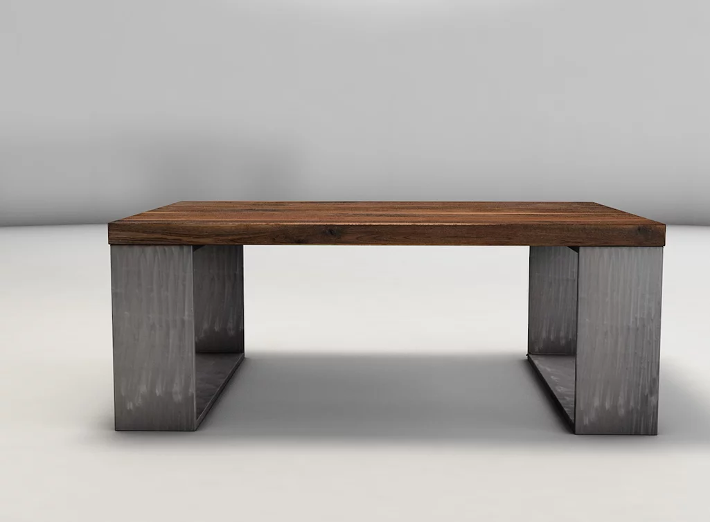 Echtholz Couchtisch aus Nuss mit massiven Metallkufen ausgestattet