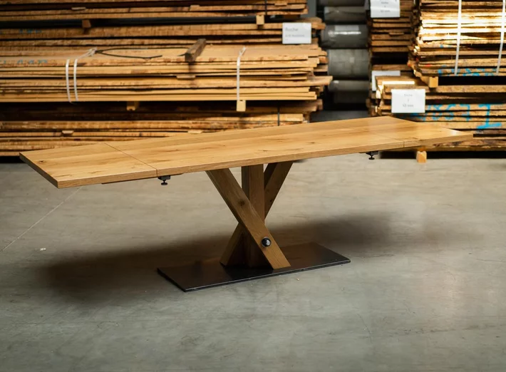 Eiche Massivholz Esstisch mit Ansteckplatte und Mittelfuß Tischuntergestell - THY10-T