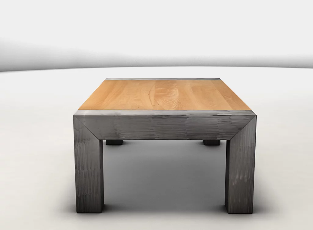 Couchtisch aus Buchenholz und Stahlbeinen  auf Gehrung verschweißt