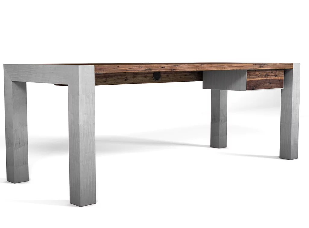 Schreibtisch Echtholz Nussbaum mit einem Stahl Gestell konfigurierbar.