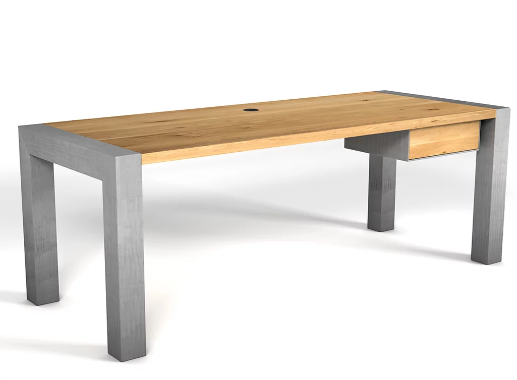 Schreibtisch nach Maß aus Eichenholz kombiniert mit Stahlbeinen.