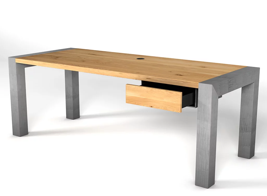 Schreibtisch Eiche massiv mit charaktervollem Ast- und Splintholzanteil gefertigt.