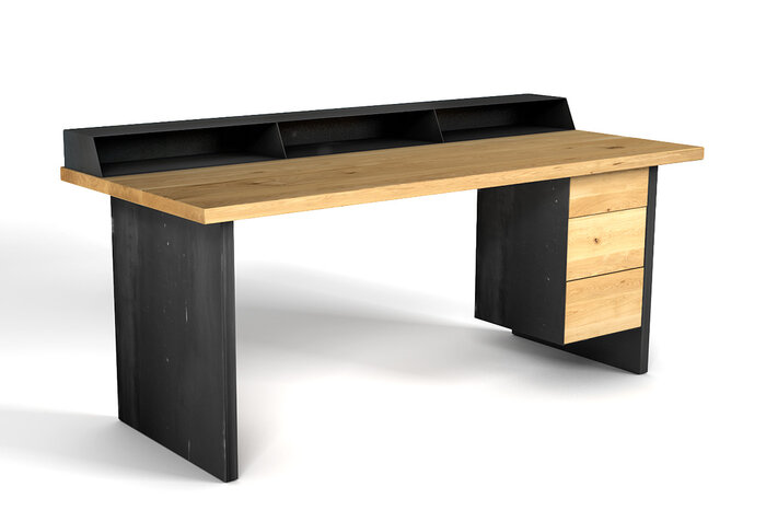 Schreibtisch modular aus massiver Eiche mit Astanteil nach deinem Maß gefertigt.
