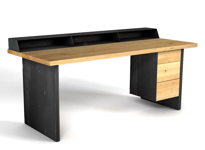 Schreibtisch modular aus massiver Eiche mit Astanteil nach deinem Maß gefertigt.