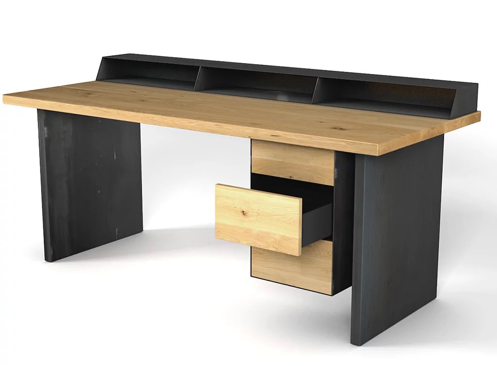 Moderner Schreibtisch auf Maß aus Eichenholz 4cm gefertigt.