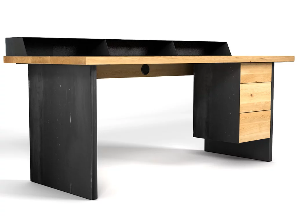 Schreibtisch modular aus Eiche und Stahl im Industriedesign gefertigt.
