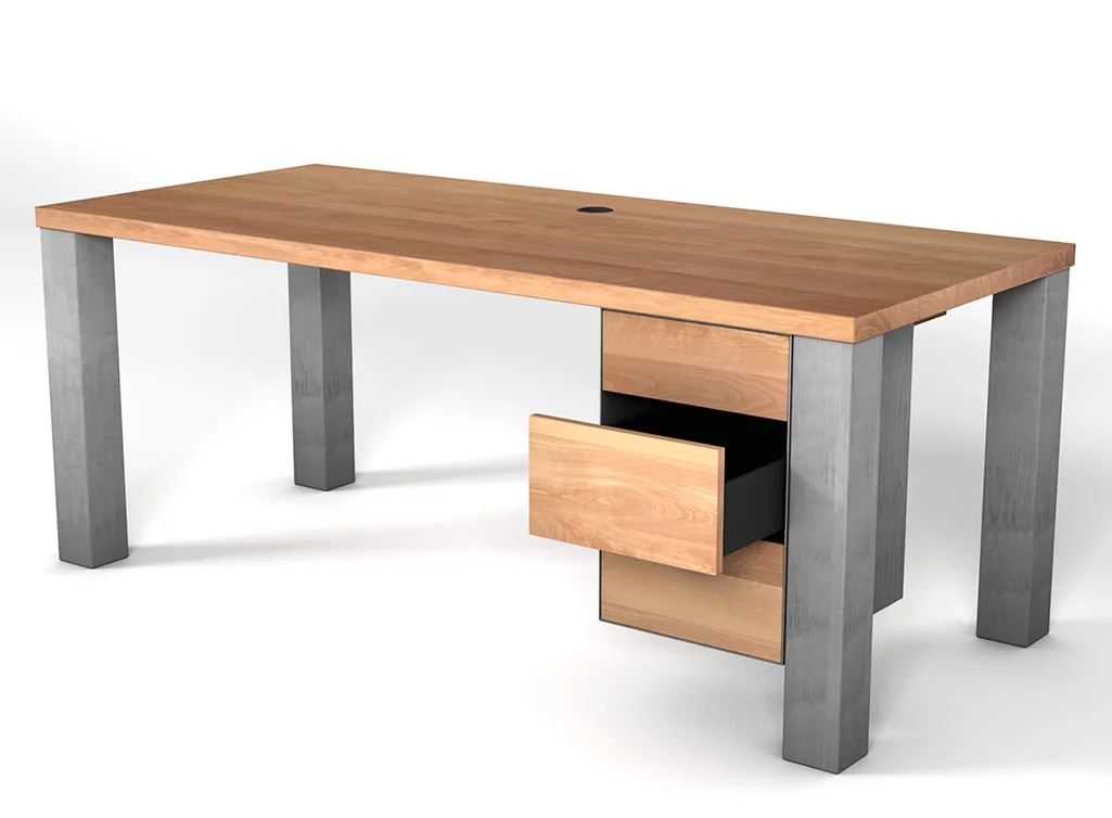 Maß Schreibtisch mit Stahlbeinen und verschiedenen Ausstattungen zur Auswahl.