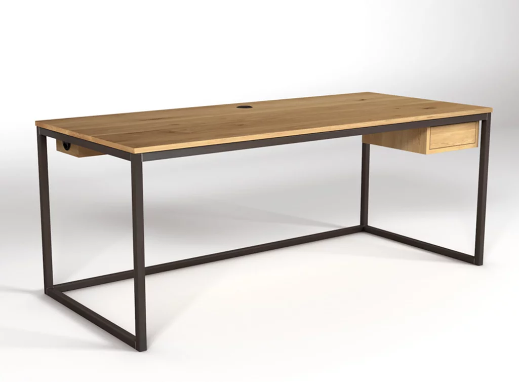 Eiche Schreibtisch mit einem Stahlrahmengestell und Astanteil nach Maß.