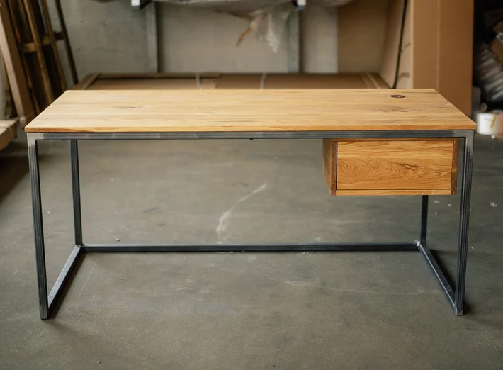 Im filigranem Stil gefertigter Schreibtisch aus Eichenholz und Stahl