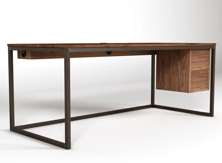Schreibtisch nach Maß aus Nussbaum kombiniert mit einem selbsttragendem Gestell.